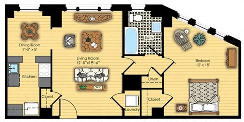 Floor plan for 1 bed, 1 bath, 722 sqft