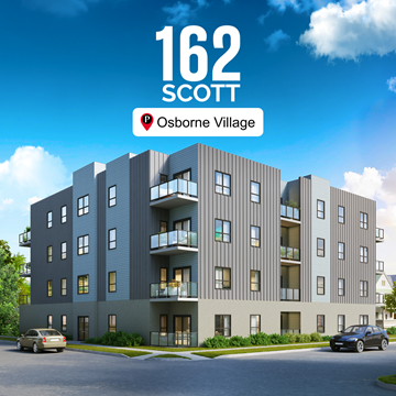 Winnipeg apartment for rent - A modern apartment building with the number 162 Scott and the name Osborne Village on it.