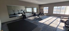St Joseph apartment for rent - a workout room with weights and mirrors in a home gym