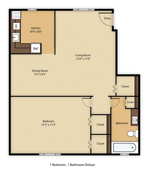 Floor plan for 1 bed, 1 bath, 645 sqft