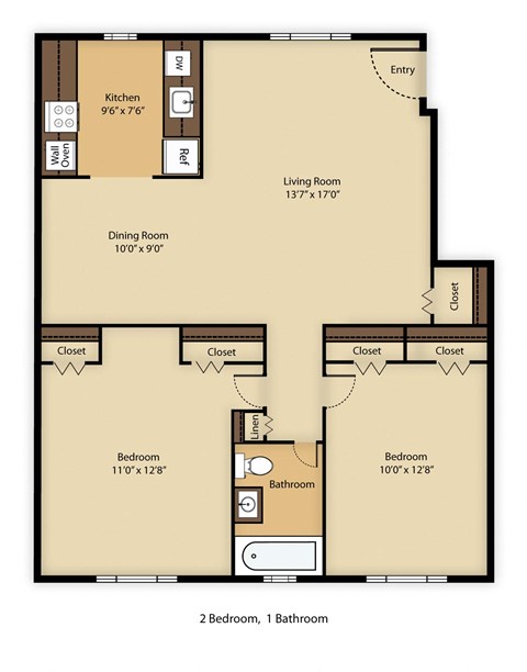Floor plan for 2 beds, 1 bath, 822 sqft