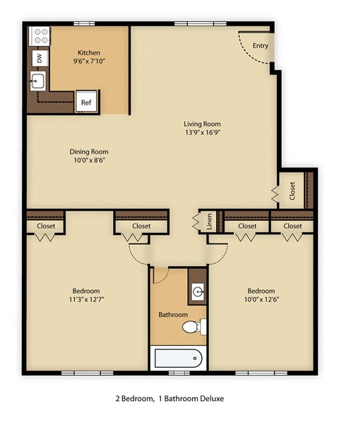 Floor plan for 2 beds, 1 bath, 826 sqft