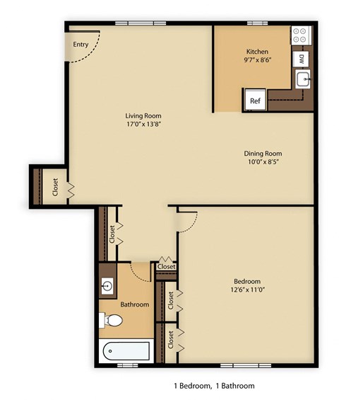 Floor plan for 1 bed, 1 bath, 726 sqft