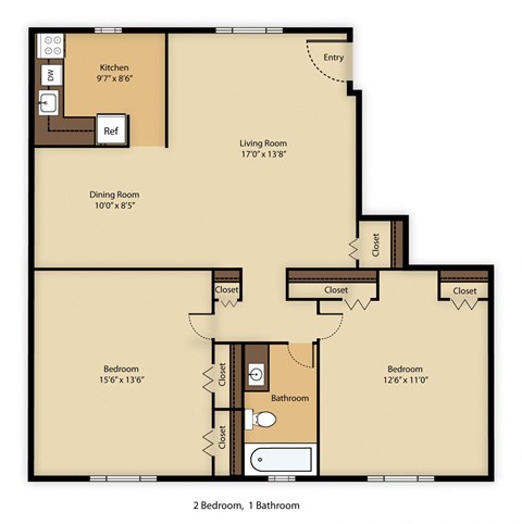 Floor plan for 2 beds, 1 bath, 910 sqft