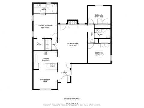 Floor plan for 3 beds, 2 baths, 1308 sqft