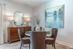 Aiken apartment for rent - A dining room with a table set for two and a painting on the wall.