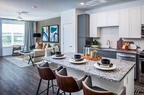 Orlando apartment for rent - a kitchen and living room with a granite counter top