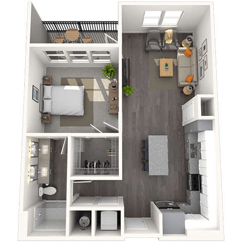 Floor plan for 1 bed, 1 bath, 750 sqft