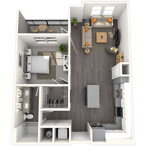 Floor plan for 1 bed, 1 bath, 840 sqft