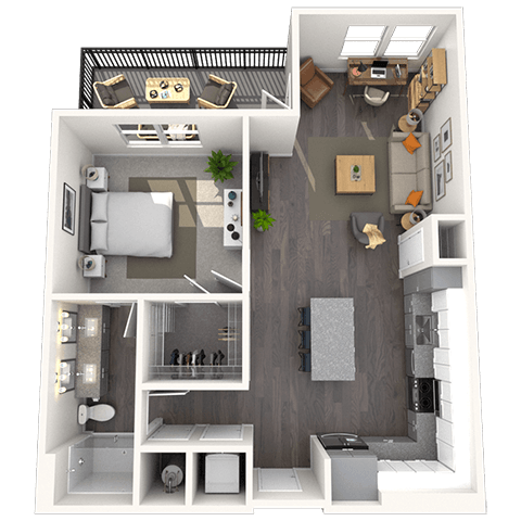 Floor plan for 1 bed, 1 bath, 858 sqft