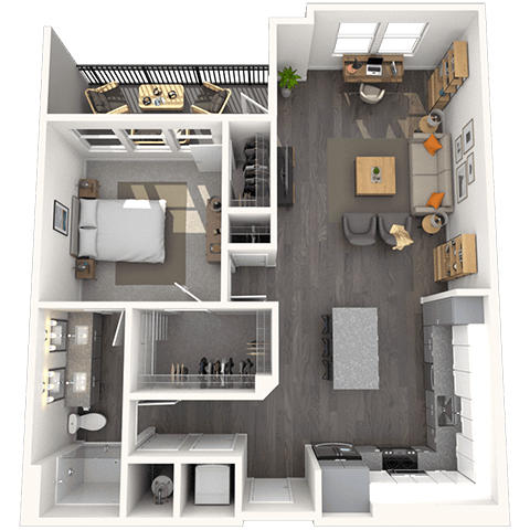 Floor plan for 1 bed, 1 bath, 884 sqft