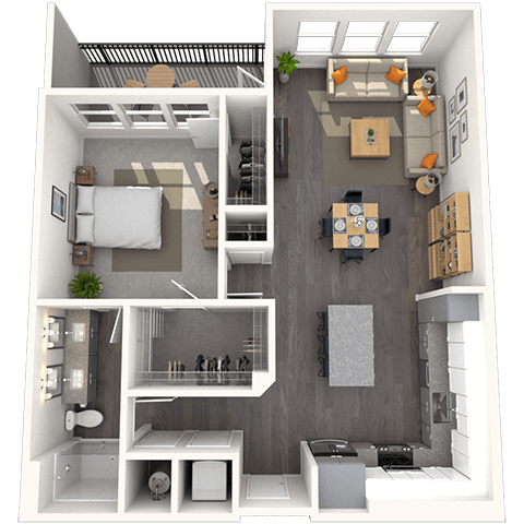 Floor plan for 1 bed, 1 bath, 889 sqft