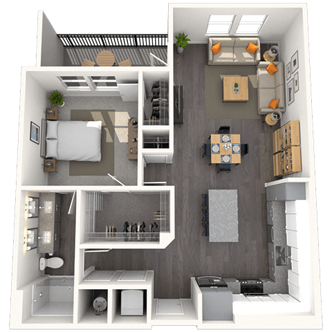 Floor plan for 1 bed, 1 bath, 876 sqft