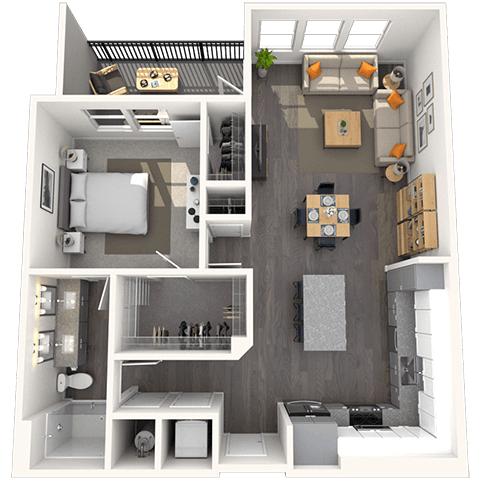 Floor plan for 1 bed, 1 bath, 876 sqft