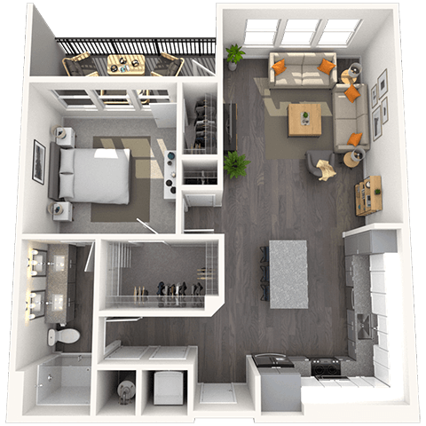 Floor plan for 1 bed, 1 bath, 861 sqft