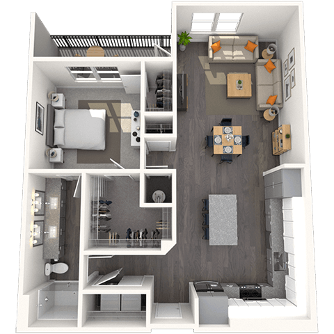 Floor plan for 1 bed, 1 bath, 949 sqft