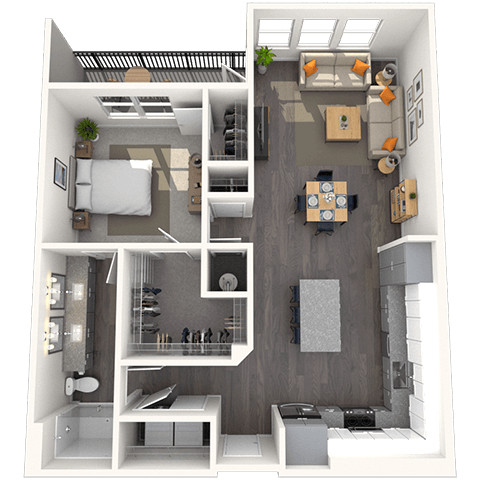 Floor plan for 1 bed, 1 bath, 949 sqft