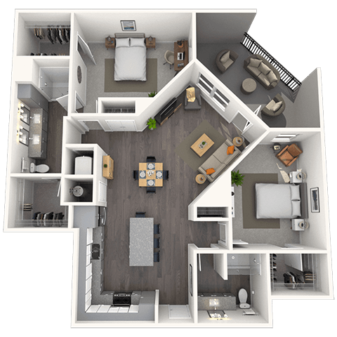Floor plan for 2 beds, 2 baths, 1265 sqft