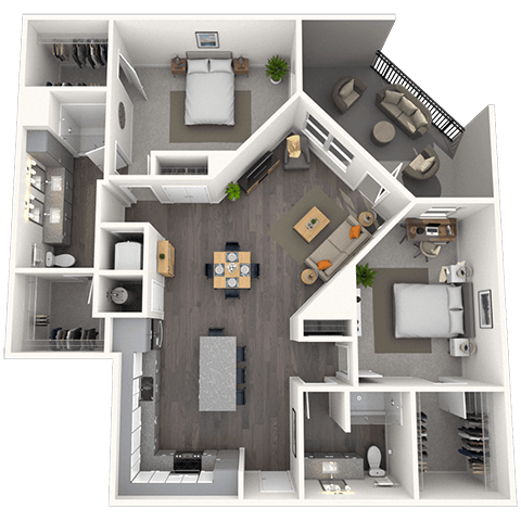 Floor plan for 2 beds, 2 baths, 1290 sqft