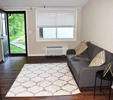 Akron apartment for rent - a living room with a couch and a rug in front of a door