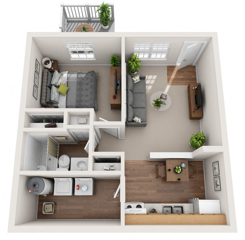 Floor plan for 1 bed, 1 bath, 600 sqft