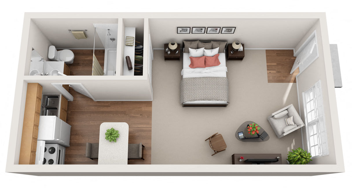 Floor plan for studio, 1 bath, 300 sqft