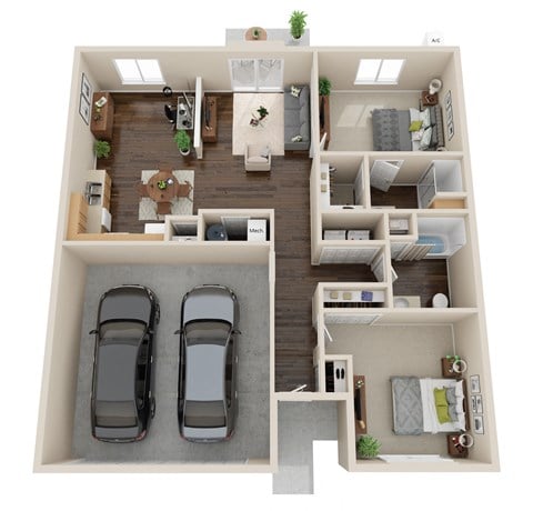 Floor plan for 2 beds, 2 baths, 1157 sqft