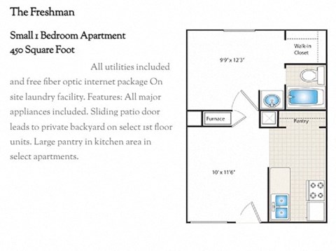 Floor plan for 1 bed, 1 bath, 450 sqft