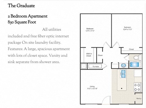 Floor plan for 2 beds, 1 bath, 830 sqft