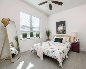 Tampa apartment for rent - a bedroom with a bed and a ceiling fan