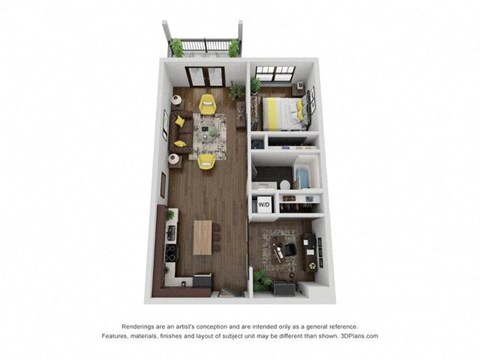 Floor plan for 1 bed, 1 bath, 731 sqft