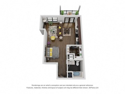 Floor plan for studio, 1 bath, 608 sqft