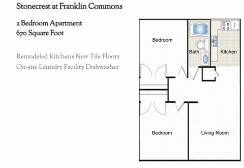 Floor plan for 2 beds, 1 bath, 740 sqft