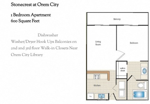 Floor plan for 1 bed, 1 bath, 600 sqft