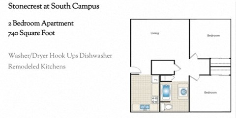 Floor plan for 2 beds, 1 bath, 740 sqft