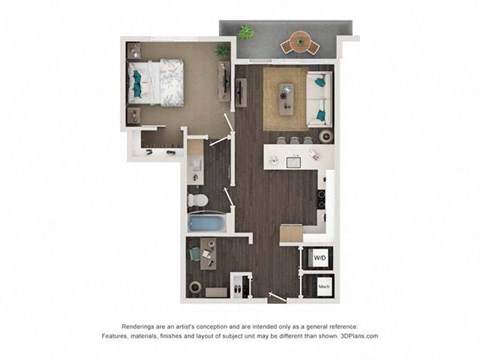 Floor plan for 1 bed, 1 bath, 716 sqft