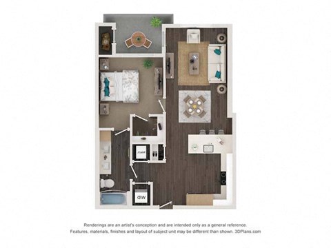Floor plan for 1 bed, 1 bath, 754 sqft