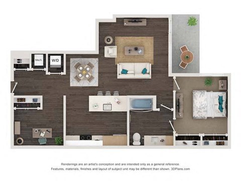 Floor plan for 1 bed, 1 bath, 972 sqft