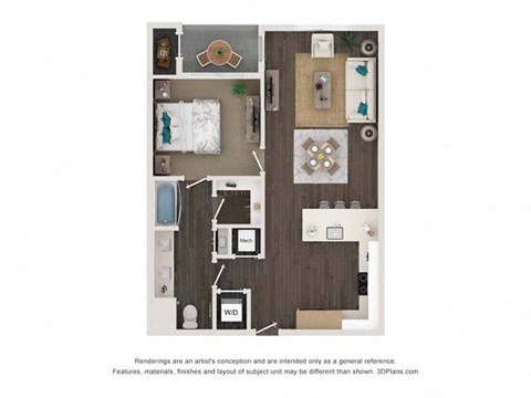 Floor plan for 1 bed, 1 bath, 761 sqft