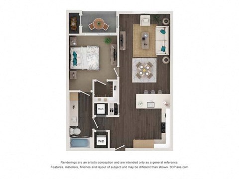Floor plan for 1 bed, 1 bath, 770 sqft