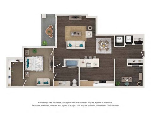 Floor plan for 1 bed, 1 bath, 1043 sqft