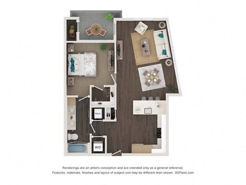 Floor plan for 1 bed, 1 bath, 799 sqft