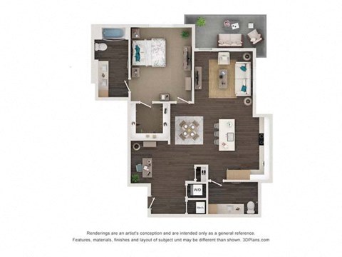 Floor plan for 1 bed, 1.5 baths, 1108 sqft
