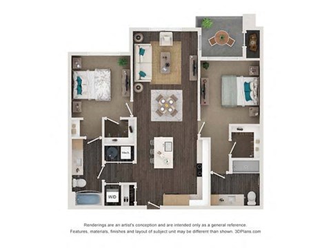 Floor plan for 2 beds, 2 baths, 1068 sqft