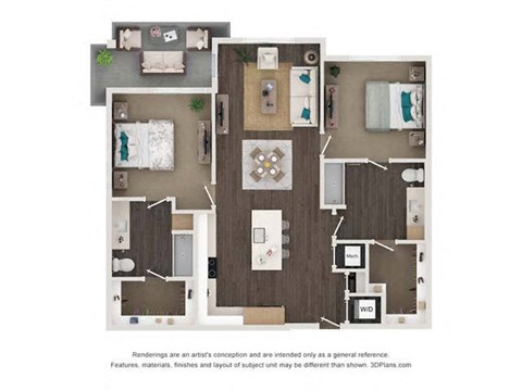 Floor plan for 2 beds, 2 baths, 1170 sqft