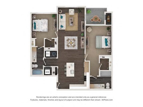 Floor plan for 2 beds, 2 baths, 1172 sqft
