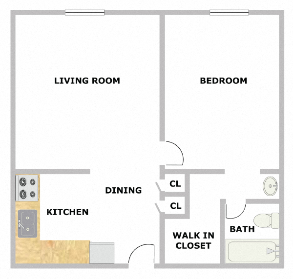 Floor plan for 1 bed, 1 bath, 537 sqft