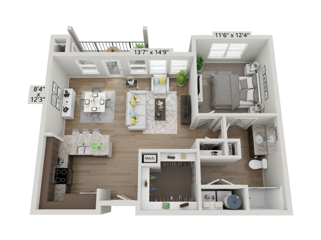 Floor plan for 1 bed, 1 bath, 811 sqft