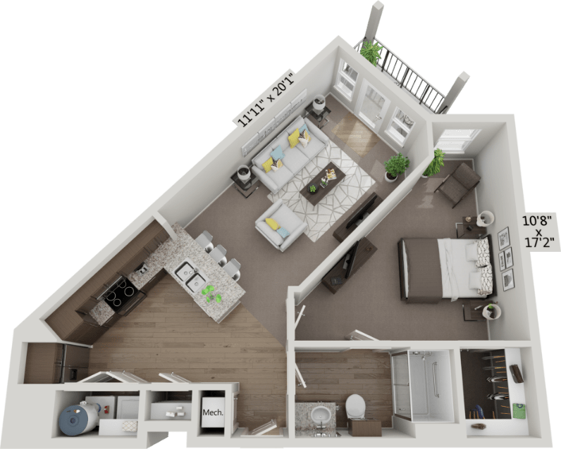 Floor plan for 1 bed, 1 bath, 737 sqft