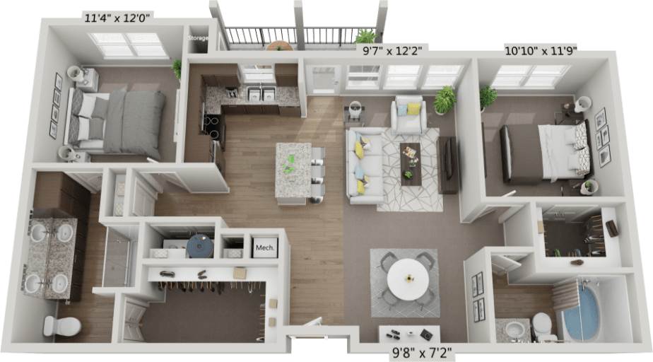Floor plan for 2 beds, 2 baths, 1104 sqft